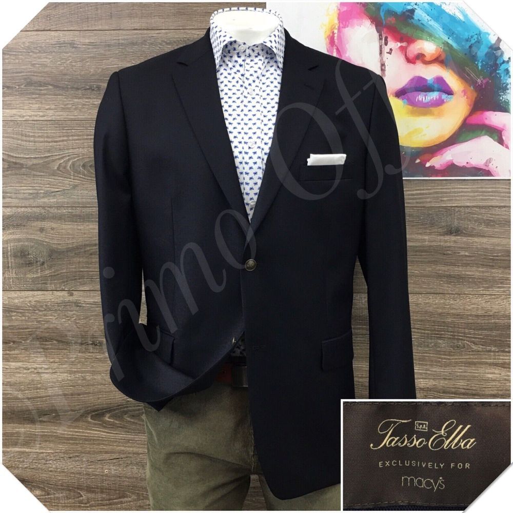 TASSO ELBA Mens Blazer Sport Coat Casual Two Button Jacket Size 44R Wool‎ Suit